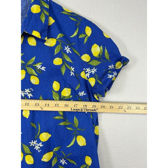 Fruit Core Lemon Print Women Blue Yellow Cotton Linen Button Front Shirt Dress - Picture 6 of 9